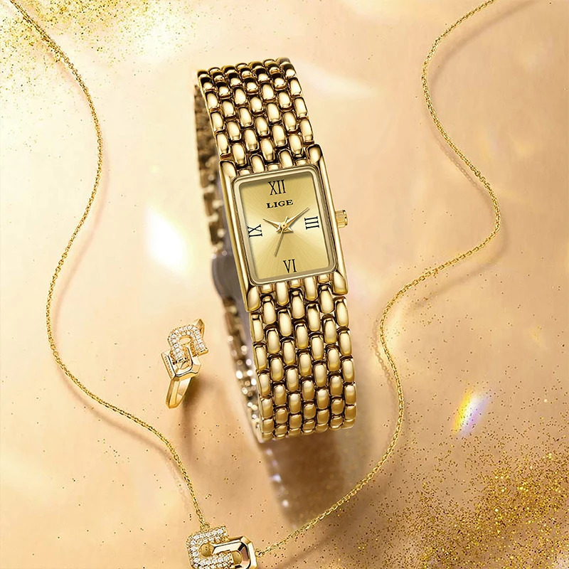 LIGE 2025 Fashion Gold Womens Watch Quartz Watch Stainless Steel Bracelet Retro 30M Waterproof Watches Women reloj 250603