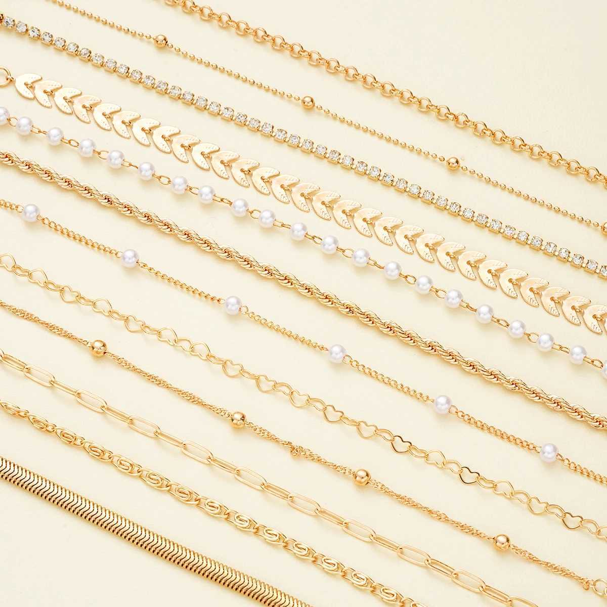 12Pcs Vintage Elegant Gold Color Bracelet Sets Simple Copper Metal Zircon Pearl Chain Bracelet Everyday Party Jewelry Gifts 2024 XJ250524