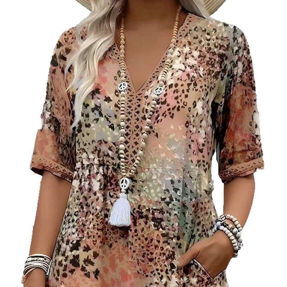 Maxi Dress Fashion New Printed Lace V Neck Short Sleeved Dress Floral Dress