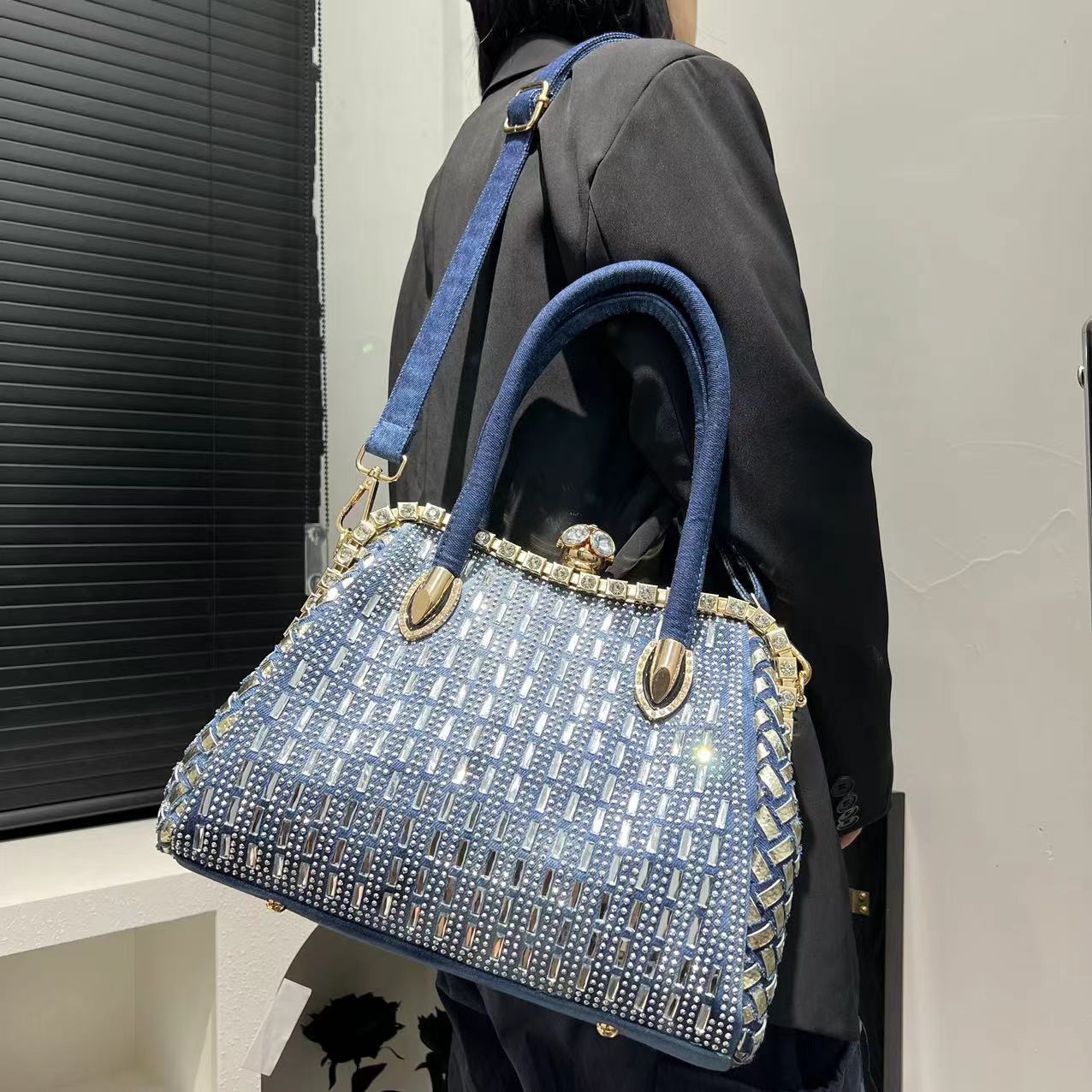 Ladies' denim diamond woven tote bag with large capacity, trendy personality, simple single shoulder crossbody bag