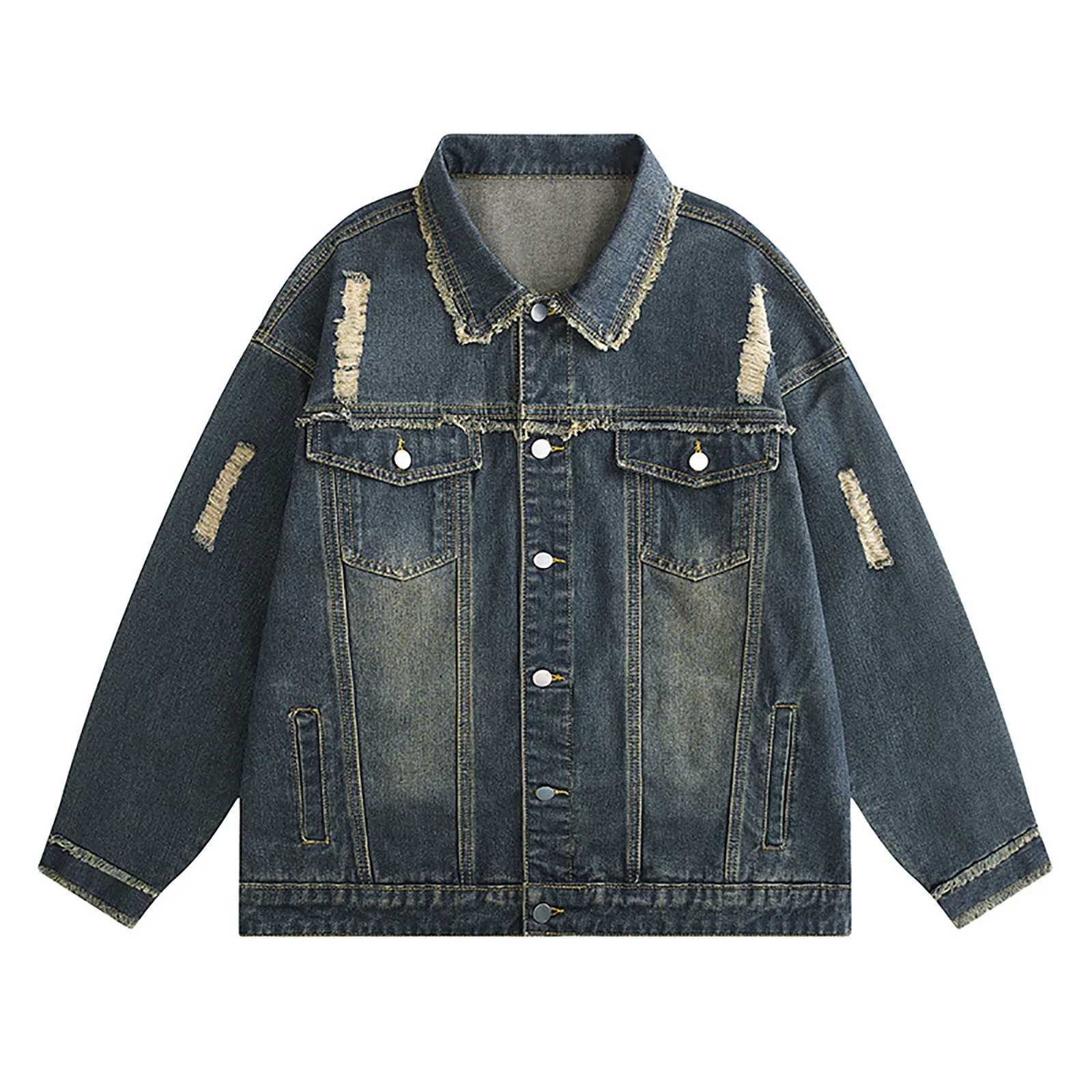 MenS Denim Jacket Cowboy Retro Cotton Denim Coat Spring Loose Fit Jeans Jacket Outerwear Y2k Vintage Ripped Korean Style Jacket W250524