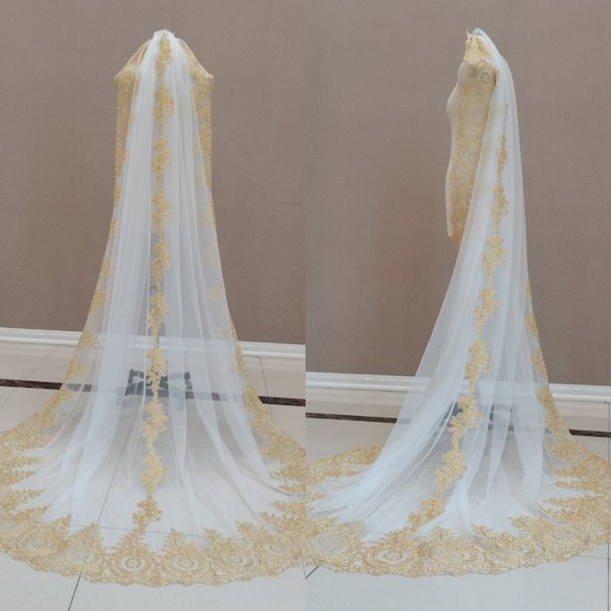 Golden Appliques Wedding Veil One Layer Long Cathedral Veils Sequins Applique Edge With Comb Customized Bridal Accessories