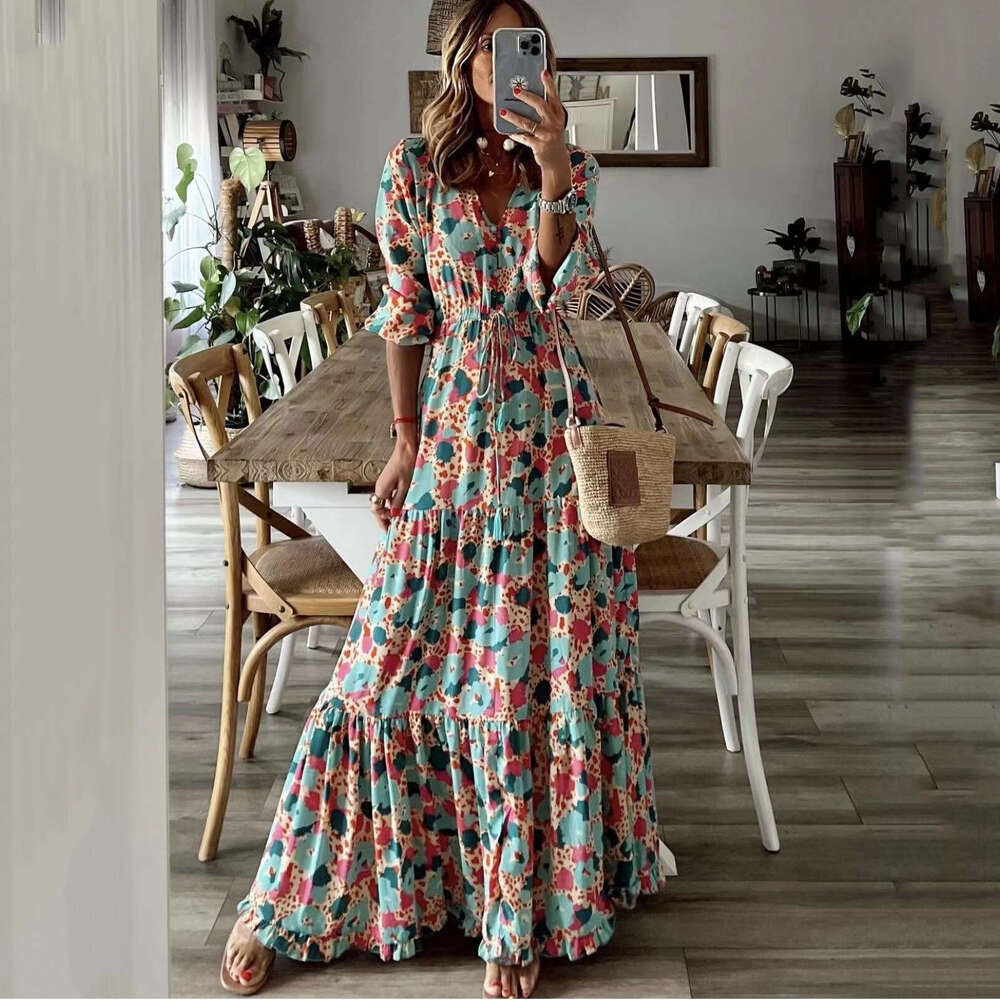 Maxi Dress TEMU Summer New Women S Elegant Vacation V Neck Printed Large Swing Long Dress Floral Dress