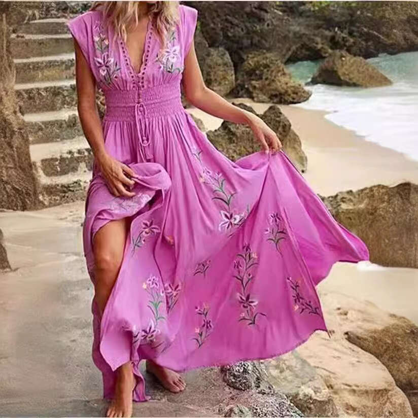 Maxi Dress New Summer Women S V Neck French Beach Bohemian Printed Dress Long Dress
