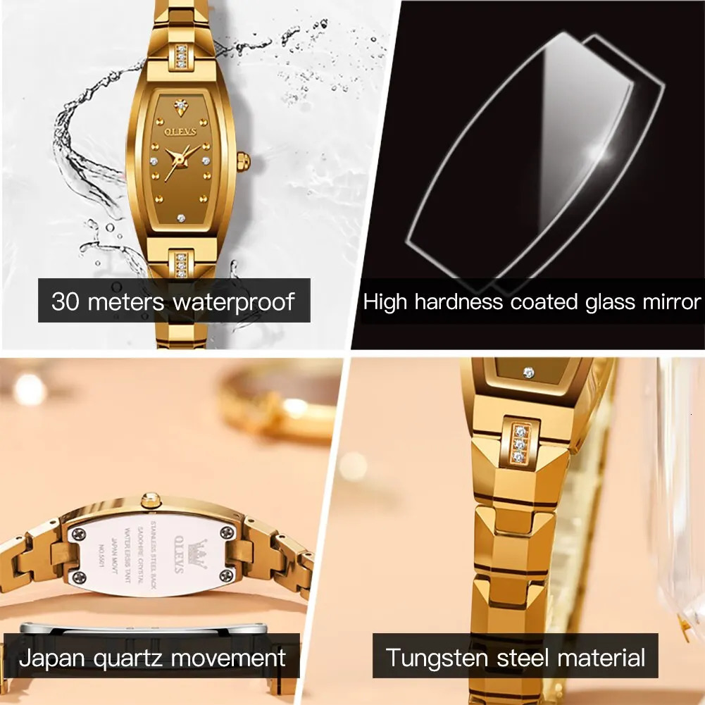 OLEVS Slim Thin Watch for Women Tungsten Steel Band Tonneau Square Shape Elegant Diamond Quartz Ladies Watch 250603