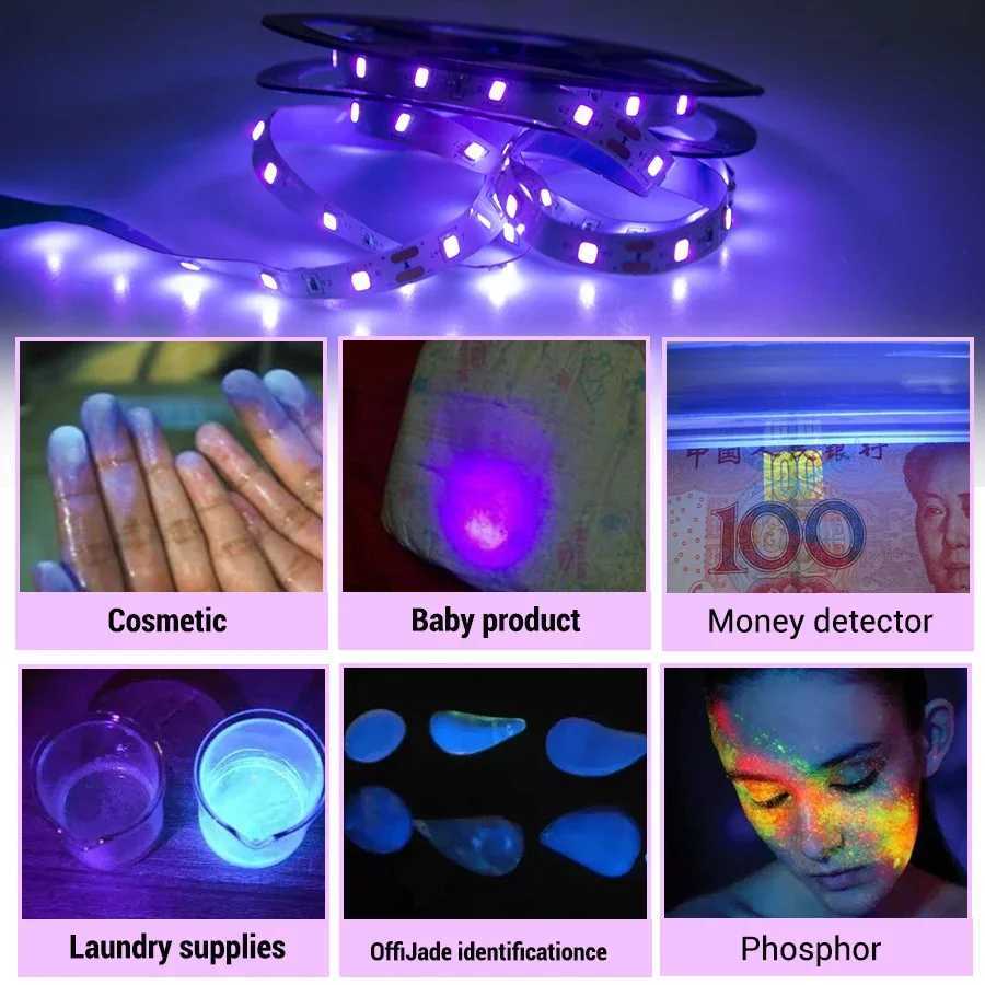 5M/10M UV LED Strip Light Ultraviolet Lamp 385-400nm Black Light 2835 SMD DC12V Ribbon For Glow Party Kitchen Decoration W250524
