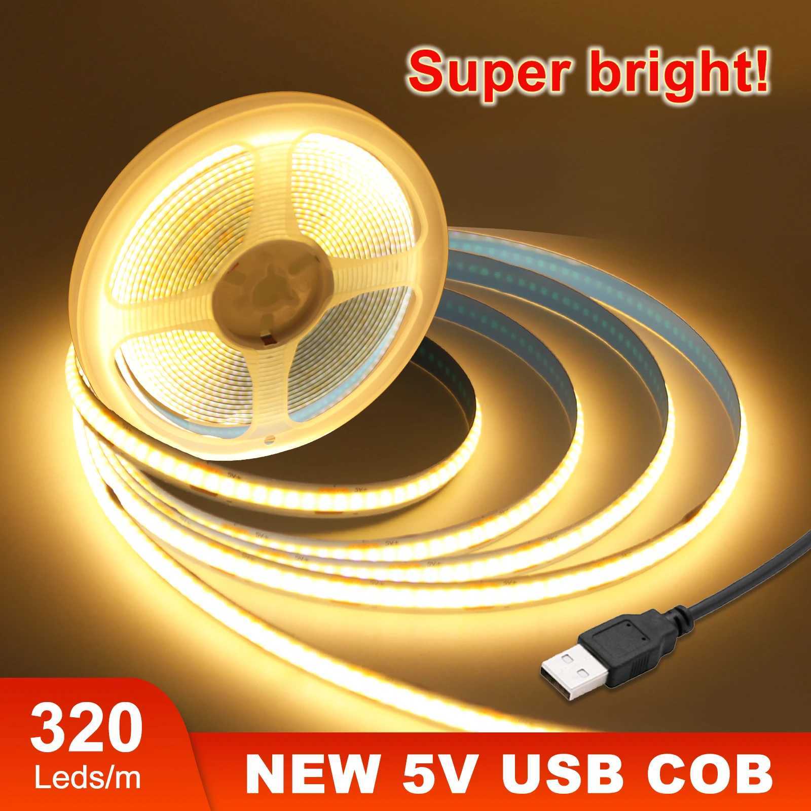 USB 5V COB LED Strip Light Super Bright 320LEDs/m High Density Linear Lighting Flexible Tape Warm/Natural/White 1M 2M 3M 4M 5M W250524