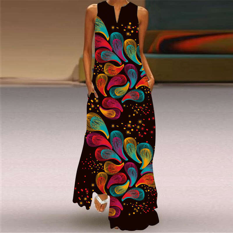 Maxi Dress New Summer Sleeveless Long With V Neck Printed Emerald Flower Dress For Women S Clothing Floral Dress