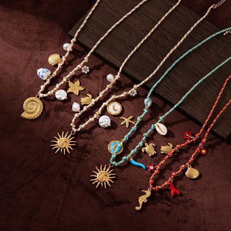 Bohemian Ethnic Pendants Necklaces Stainl Steel Shell Sun DIY Knotting Rope Chain Necklace for Women Beach Vacation Jewelry XJ250524