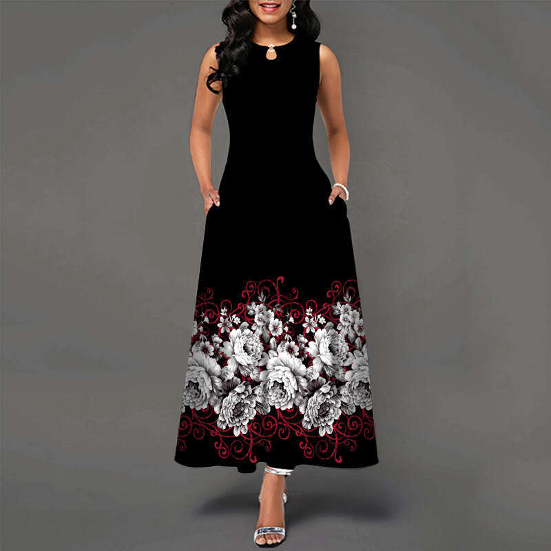 Maxi Dress V Neck Printed Sleeveless Long Dress Casual Beach Large Swing Skirt Long Dress