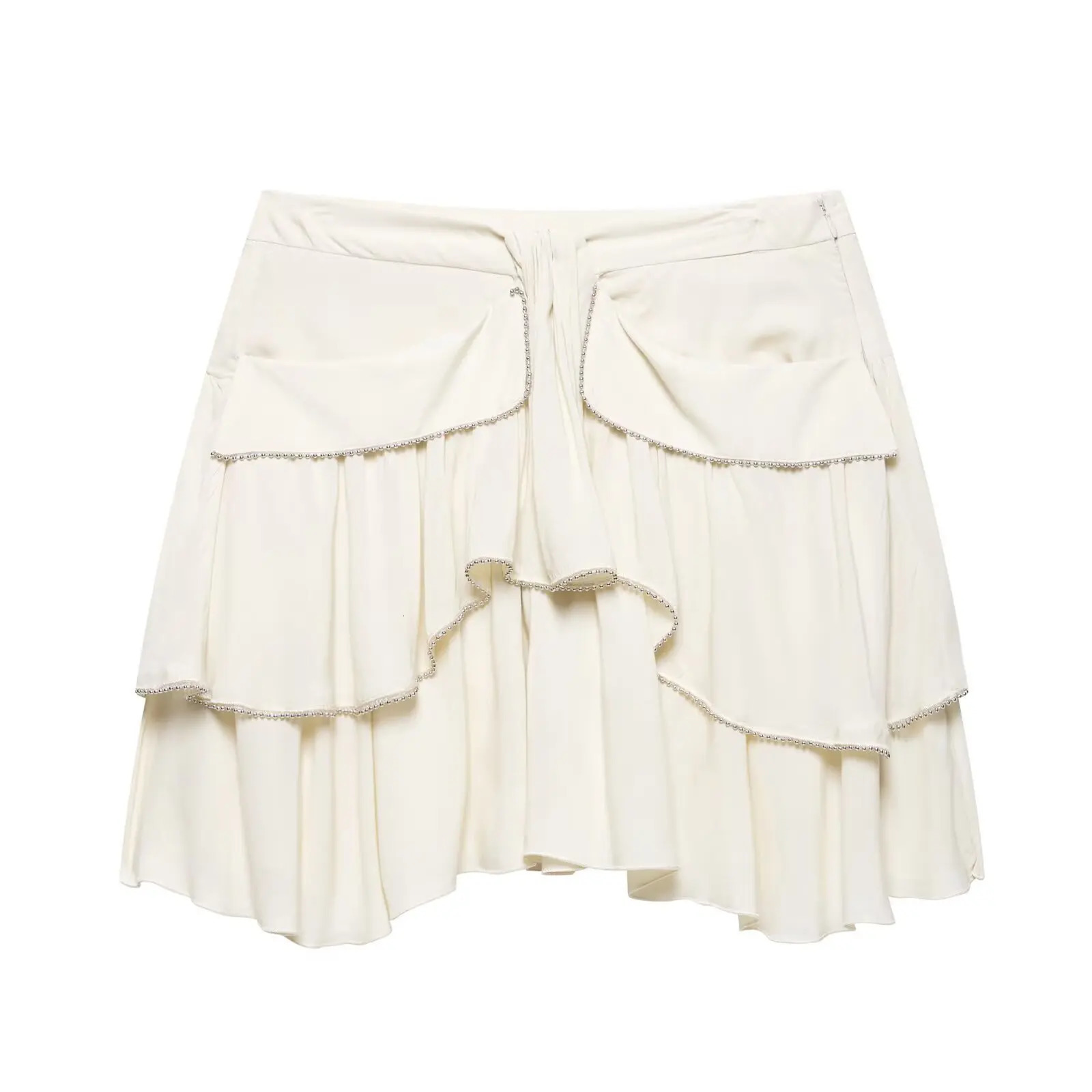 ZBZA Womens Aline Pleated Mini Skirt Layered High Waist Beaded Hidden Zipper Solid Spring Summer Female Chic 250516Z