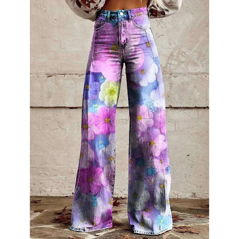 Vintage Gradient Women Wide Leg Denim Pants New Fashion High Waist Casual Retro Punk 3D Print Faux Jeans Trousers