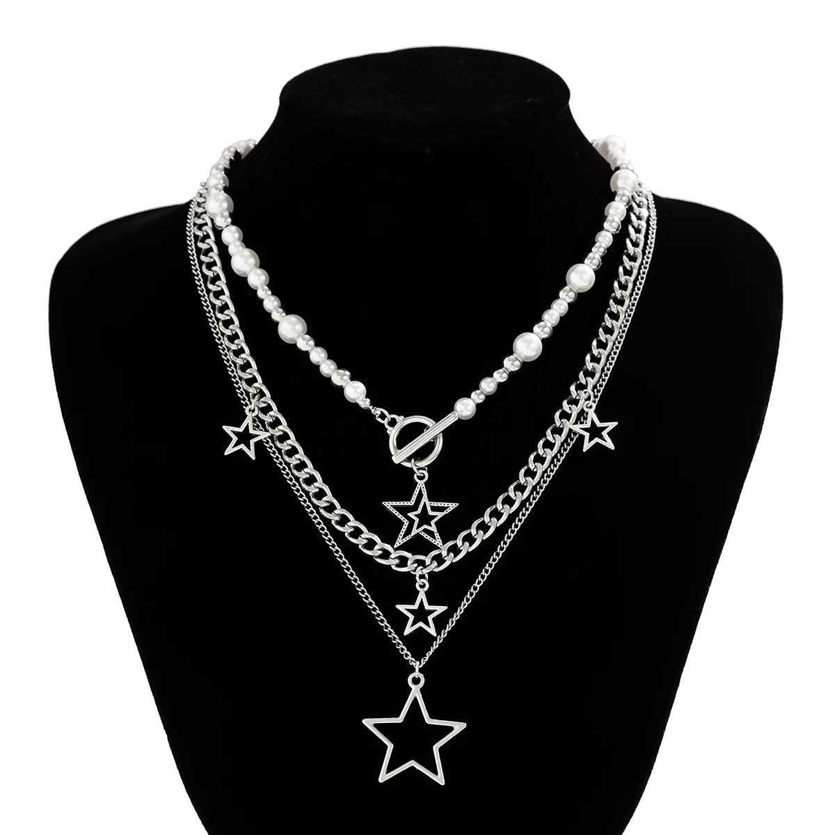 KunJoe Punk Silver Color Star Pendant Necklace for Women Men Imitation Pearl Multilayer Charm Choker Jewelry Collar Party Y2K XJ250524