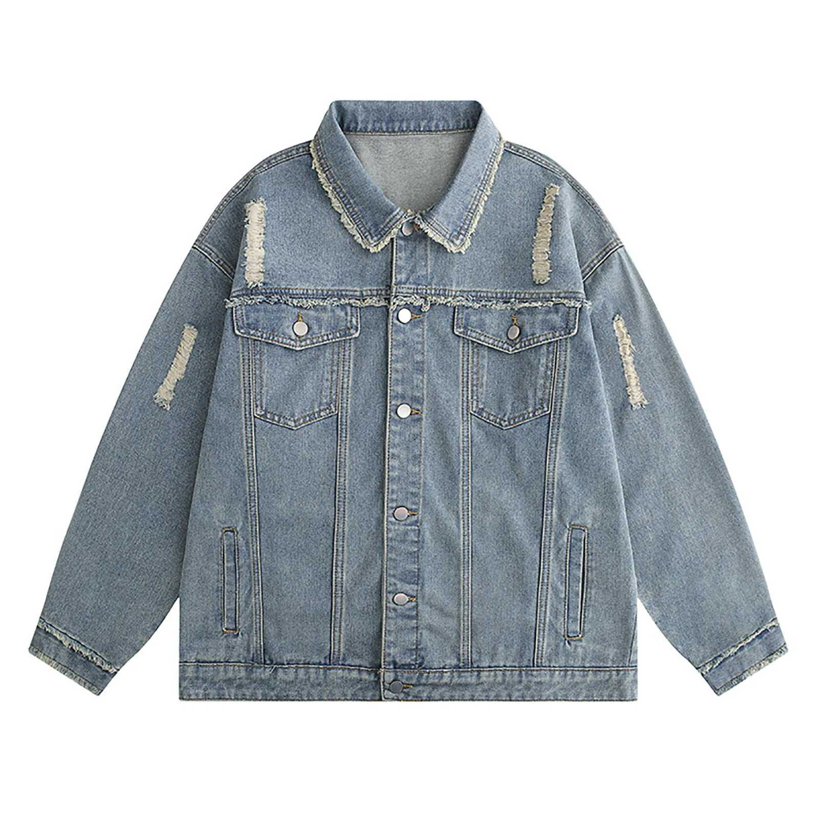 MenS Denim Jacket Cowboy Retro Cotton Denim Coat Spring Loose Fit Jeans Jacket Outerwear Y2k Vintage Ripped Korean Style Jacket W250524