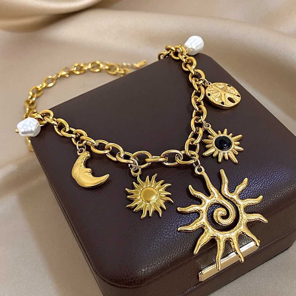 Spiral Sun Totem Gold Plated Charms Necklace for Women Ethnic Jewelry Waterproof Stainl Steel Sunburst Moon Charm Pendant XJ250524