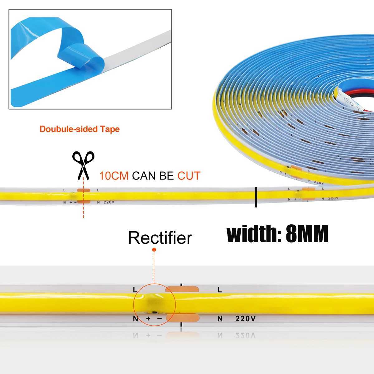 5M 10M 20M 50M/Roll COB Strip AC 220V 240Leds/M IP20 3000K 4000K 6000K Driver Build In Home Decor Flexible Ribbon Rope LED Light W250524