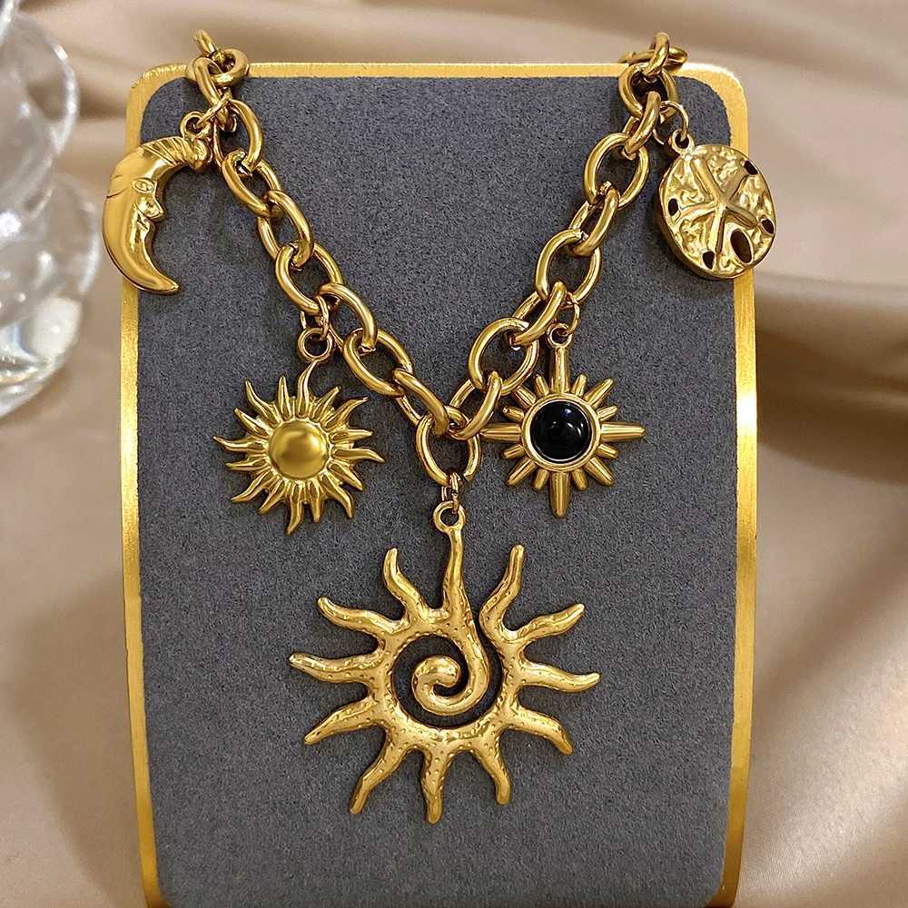 Spiral Sun Totem Gold Plated Charms Necklace for Women Ethnic Jewelry Waterproof Stainl Steel Sunburst Moon Charm Pendant XJ250524