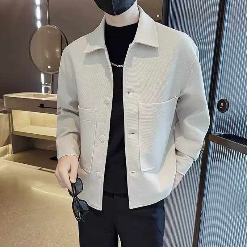 Autumn Winter New Fashion Turn-down Collar Long Sleeve Solid All-match Korean Jackets Mens Clothing Casual Pocket Button Tops W250524
