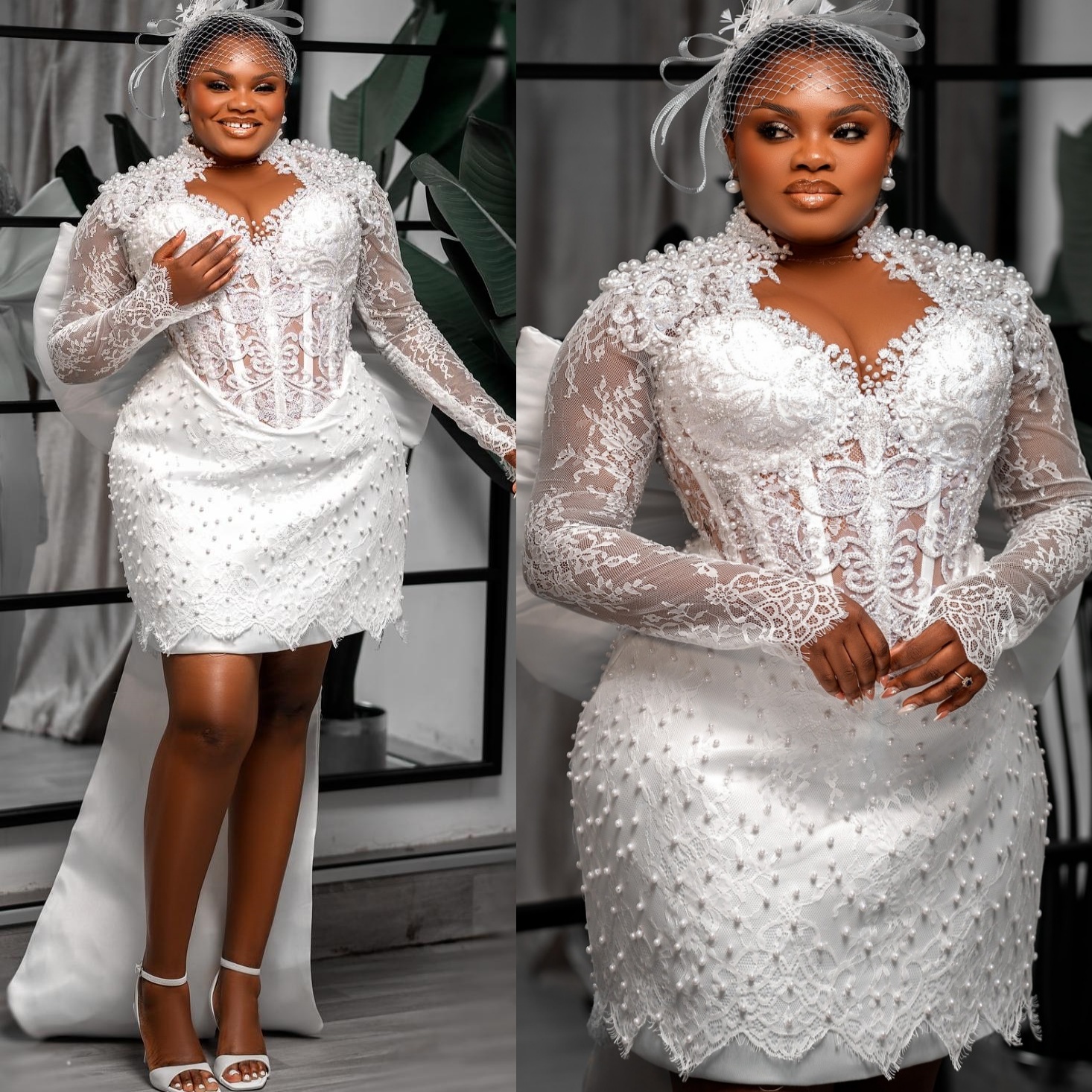 2025 Aso Ebi Plus Size White Wedding Dress Pearls Lace Sheath Knee Length Bow Full Sleeves Bridal Gowns Dresses ZJ055