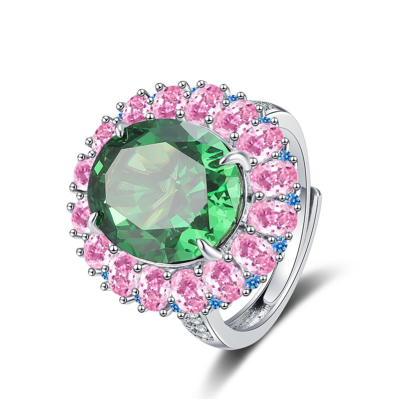 Luxury 925 Sterling Silver Adjustable Ring with Green Gemstone, High-Carbon Diamond, Pink Teardrop Stones, Elegant Floral Design for Women