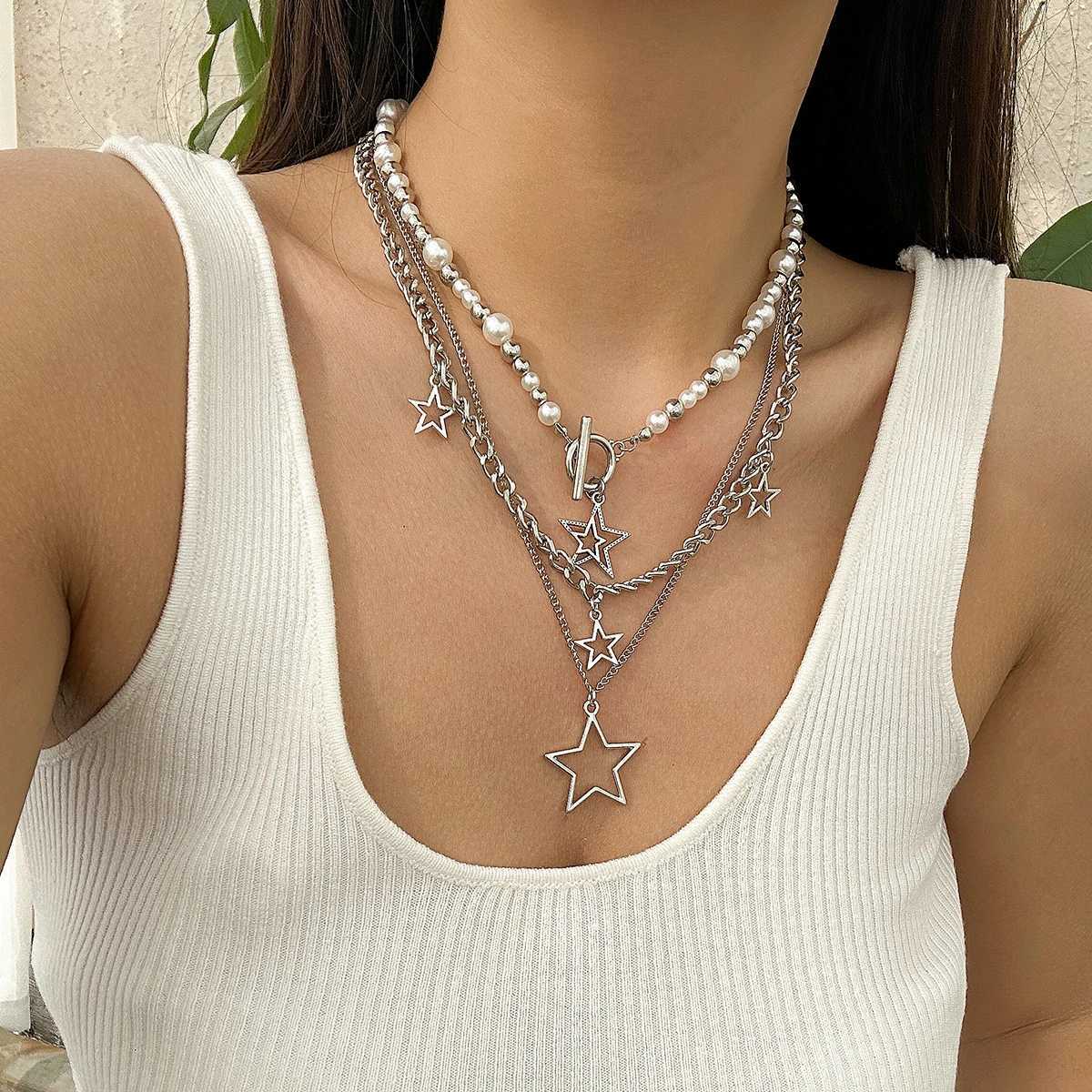KunJoe Punk Silver Color Star Pendant Necklace for Women Men Imitation Pearl Multilayer Charm Choker Jewelry Collar Party Y2K XJ250524