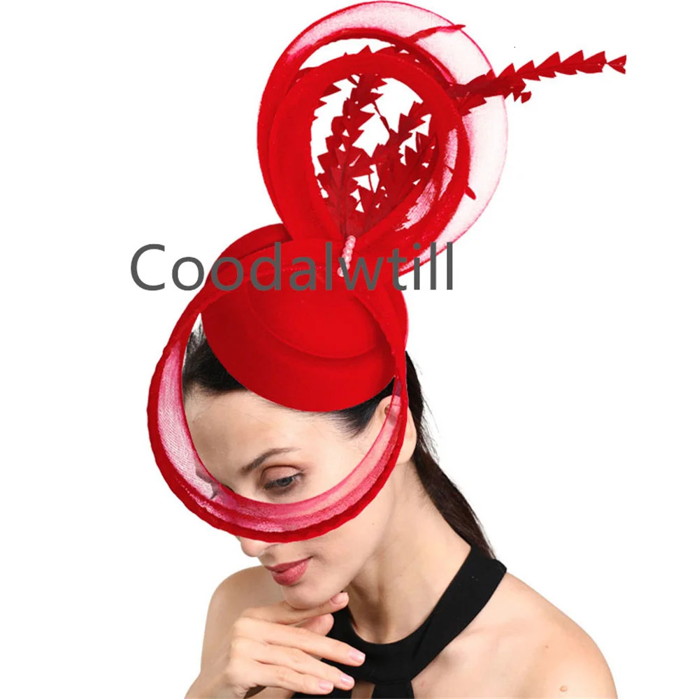 Red Green Fascinator Hat Women Hatinator With Veil And Feathers Pillboox Cap Headband Wedding Derby Occasion Chapeau Cap Femme 250520