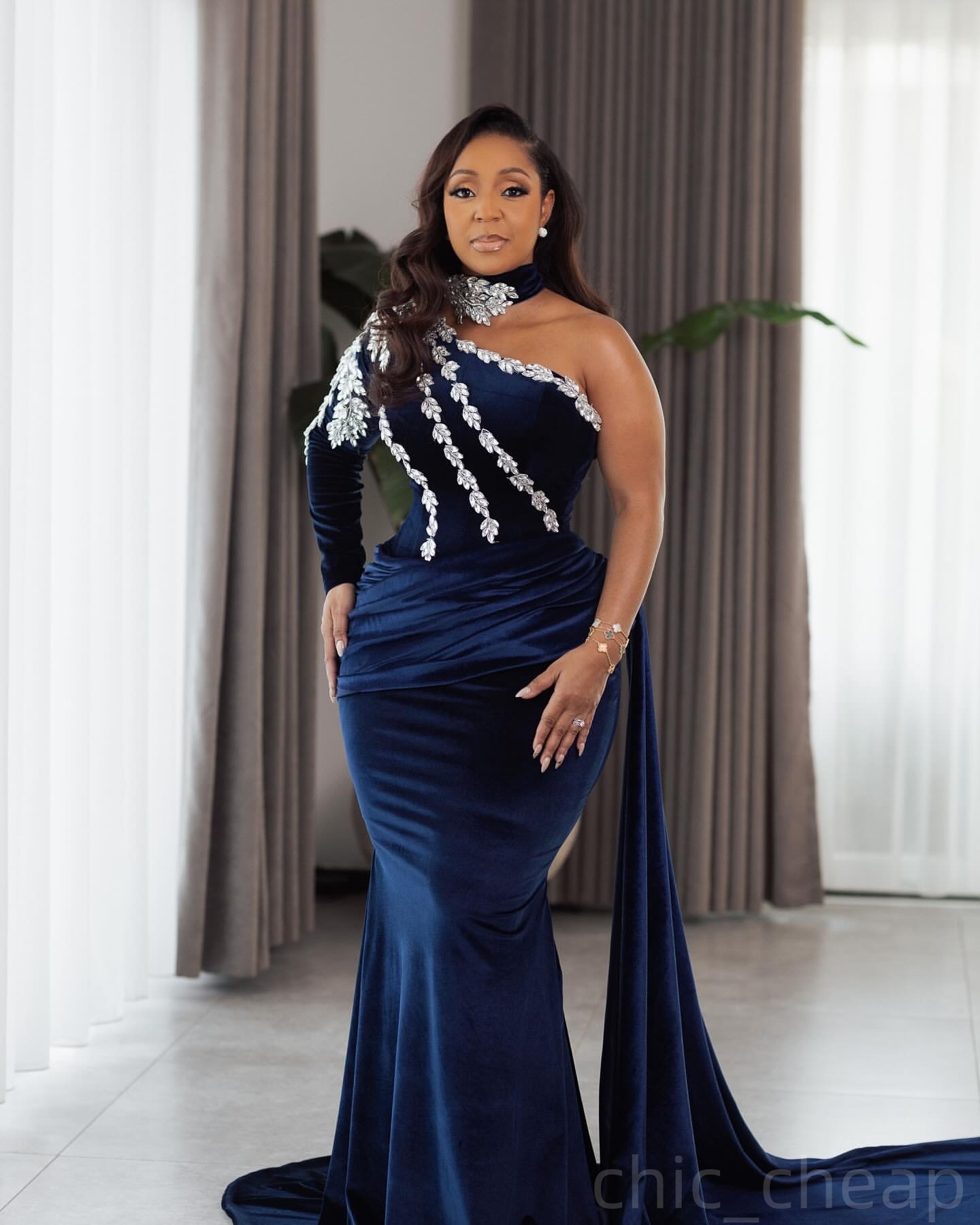 Navy Blue Mermaid Prom Dresses 2025 Crystals Velvet One Shoulder Evening Formal Party Second Birthday Engagement Gowns Plus Size Dress For Special Occ