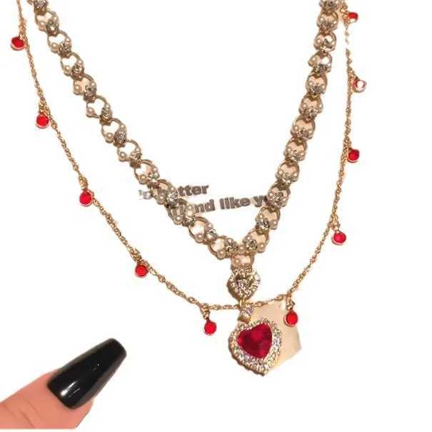 Shining Heart! Red Heart-Shed Zircon Pearl Double-Layer Layered Pendant Ladies Princ Jewelry Necklace XJ250524
