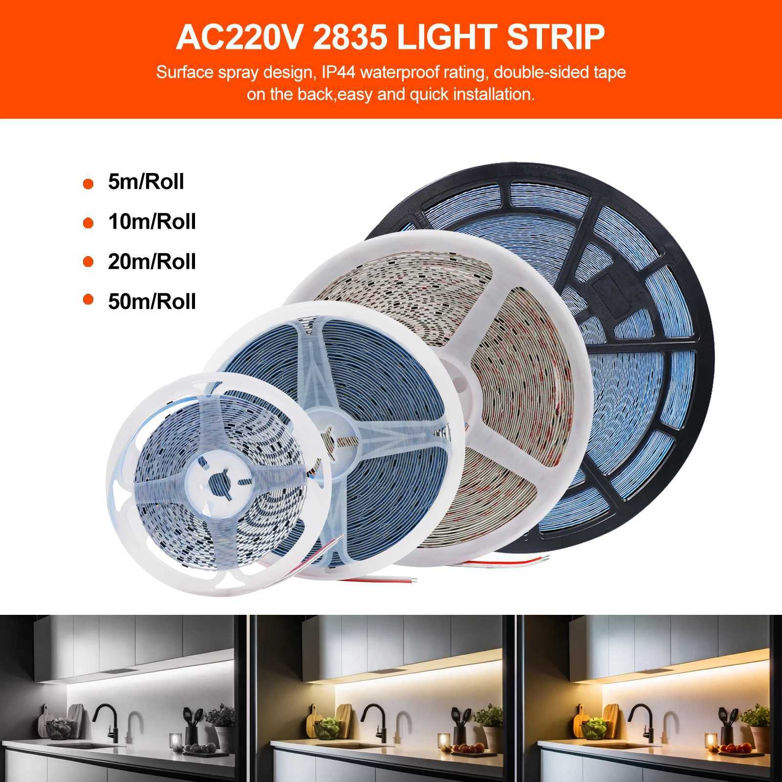 10M 20M 50M 220V LED Strip Light No Need Driver for Home 2835 120LEDs/M High Bright Flexible Light IP44 Waterproof Adhesive Tape W250524