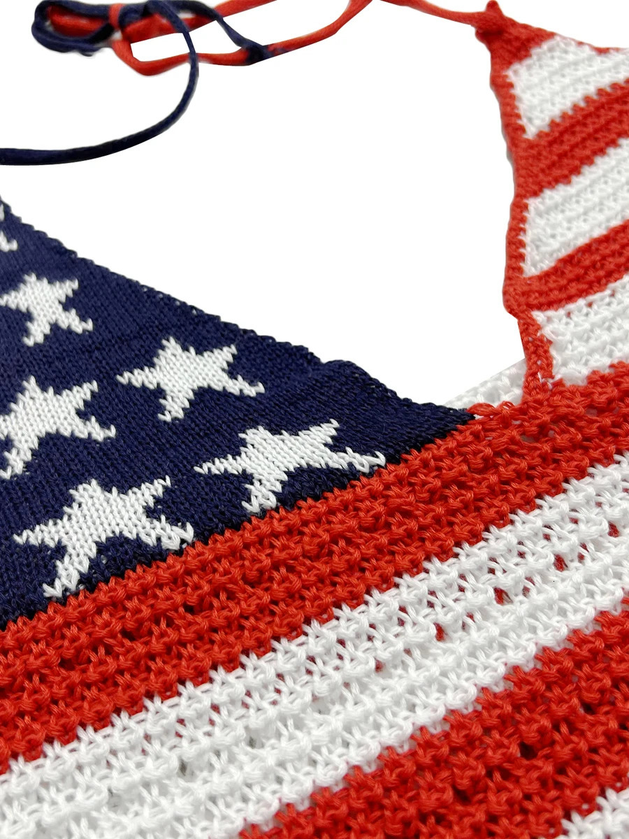 Women's Halter Crop Cami Tops Sleeveless Stars and Stripes Print Knit Camisole Fourth of July Shirts 250519CJ