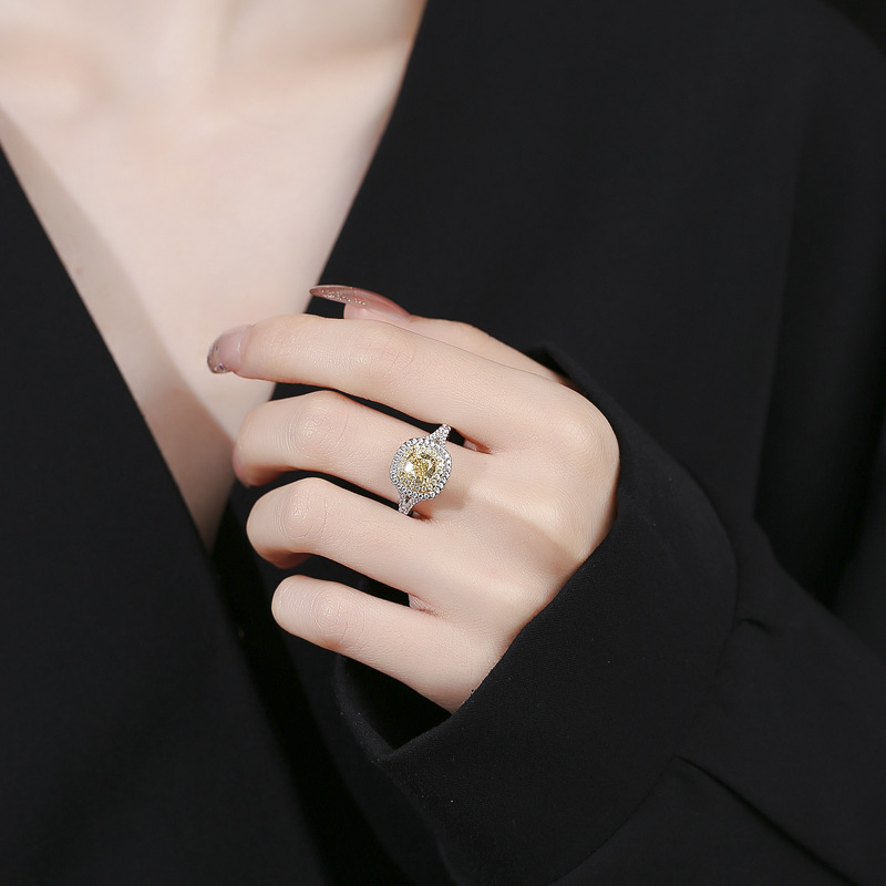 Elegant S925 Sterling Silver Ring with High Carbon Diamonds and Square Yellow Diamond Ice Flower Cut Design for Women