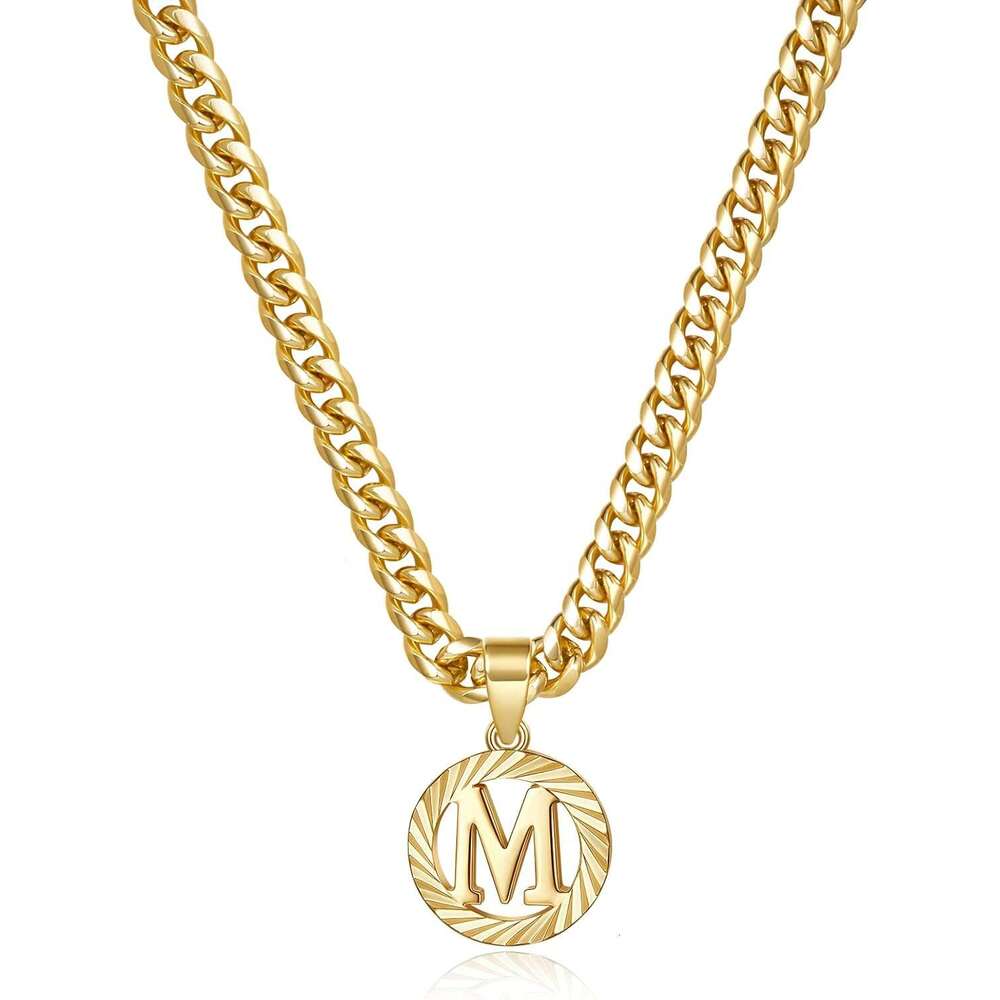 Gold initial necklace, 14K gold-plated circular letter pendant with hollow capital letters 5mm Cuban chain necklace A-Z exquisite jewelry for women an