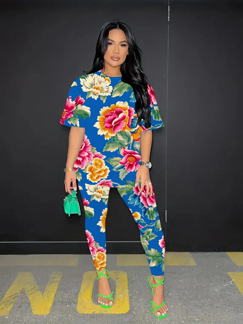 Plus Size Summer Fashion Short Sleeved Trousers 2 Piece Set Womens Northeast Big Flower 3D Print Tee Breathable Clothing 250516Z