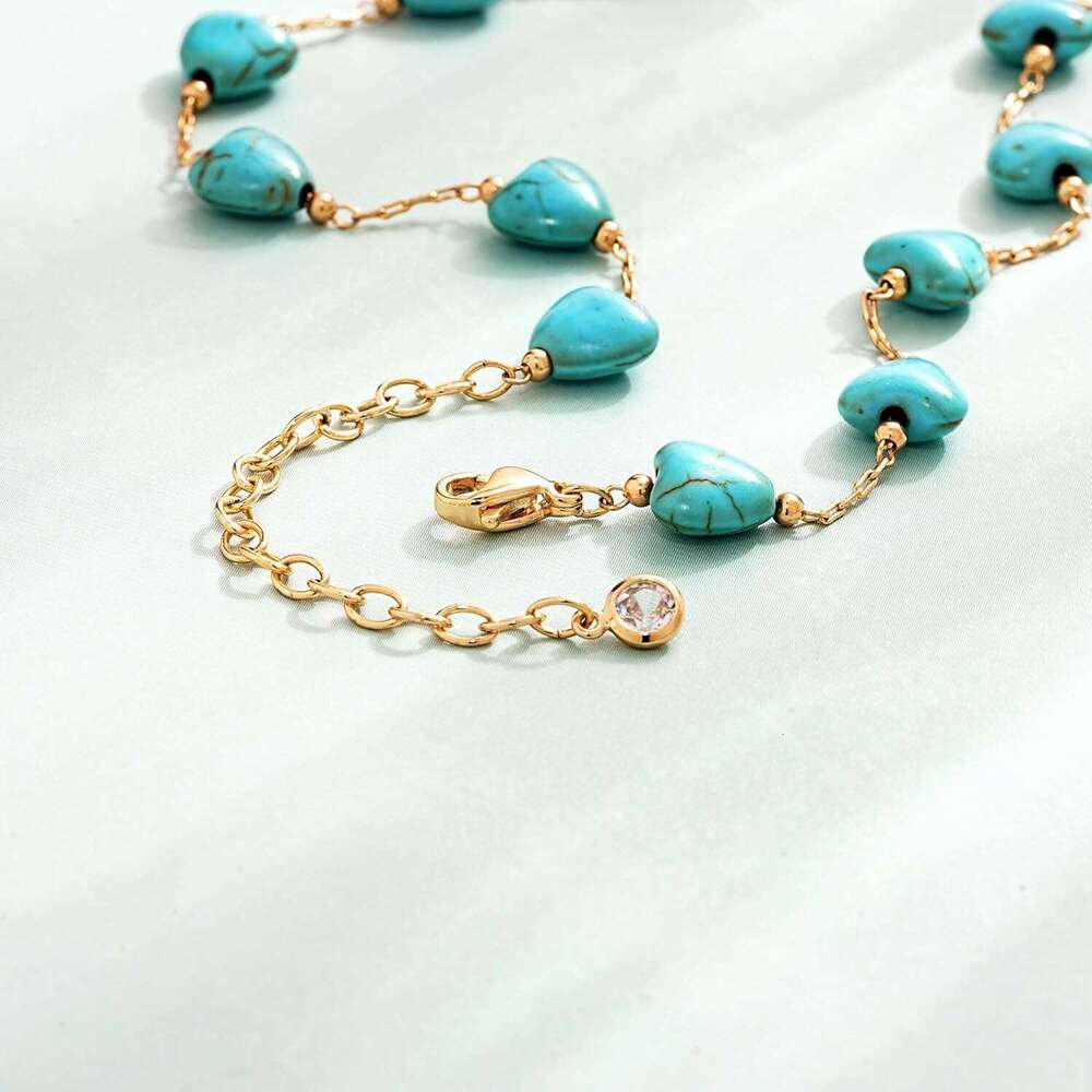 Women's turquoise 14K gold-plated bead heart-shaped Bohemian necklace handmade beach daily gold jewelry gift
