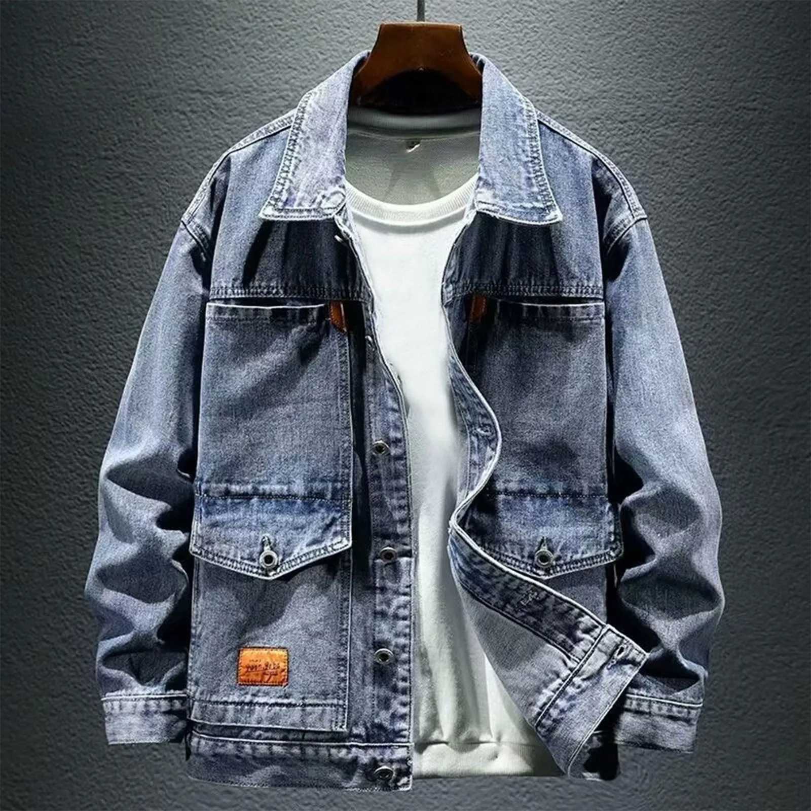 Mens Denim Jacket Cowboy Retro Cotton Denim Coat Spring Loose Fit Jeans Jacket Outerwear Y2k Vintage Big Size Casual Denim Jacket W250524