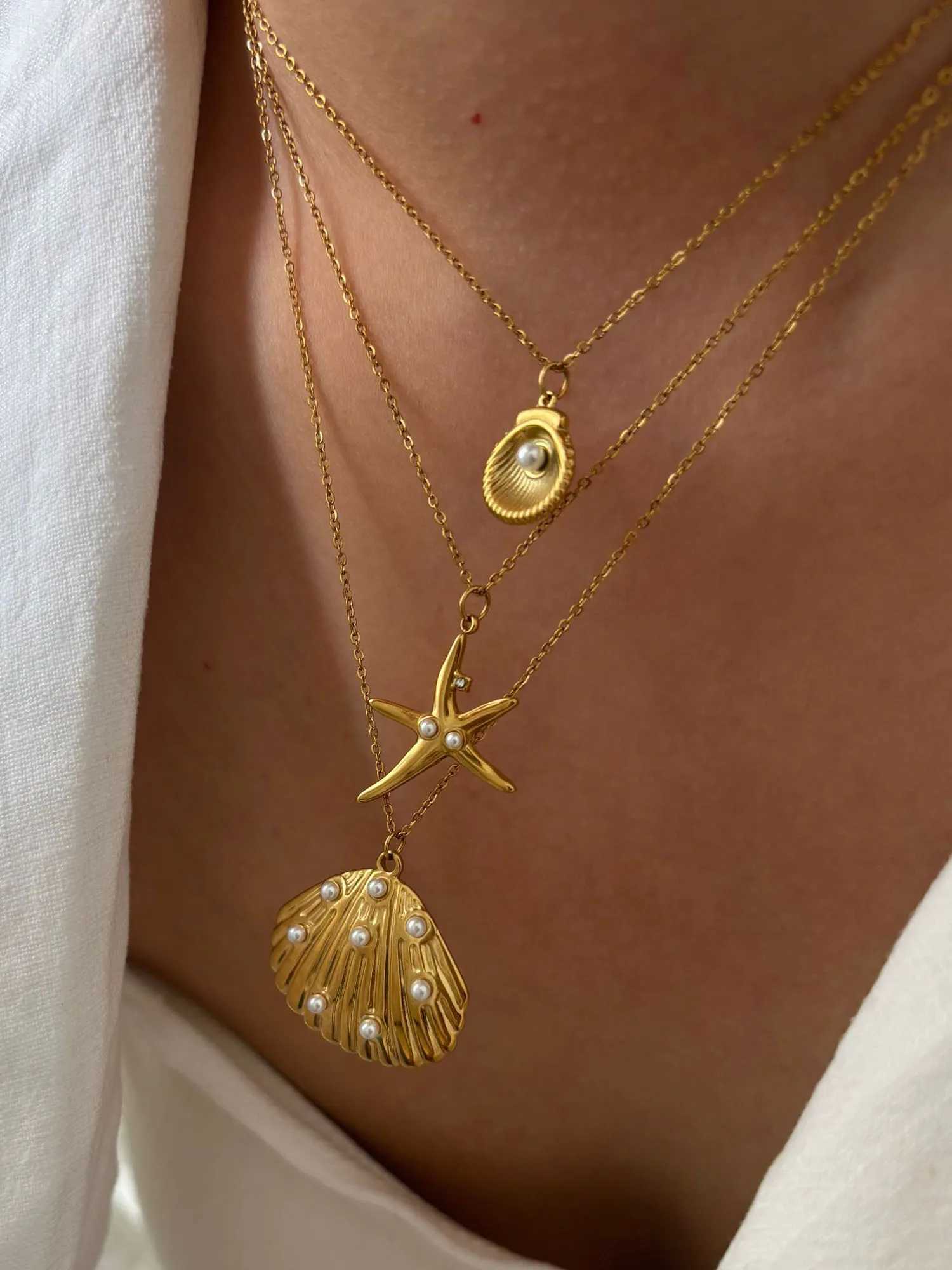 GHIDBK Ocean Style Shell Starfish Rhinestone Imitation Pearls Pendant Necklace for Women Summer Beach Fashion Jewelry Waterproof XJ250524
