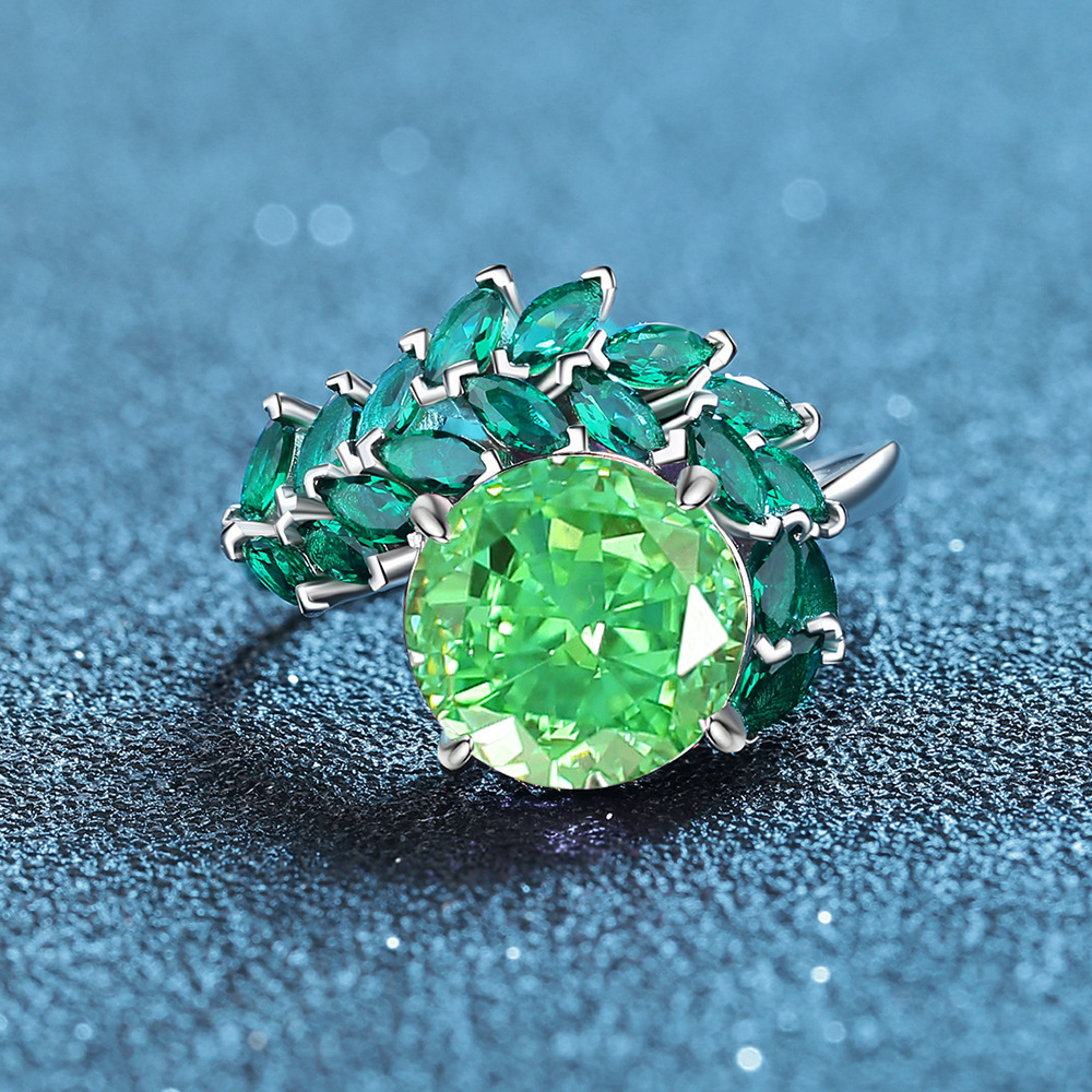 S925 sterling silver ice flower cut ring with pink and green marquise stones, full diamonds, trendy fashion ring for women