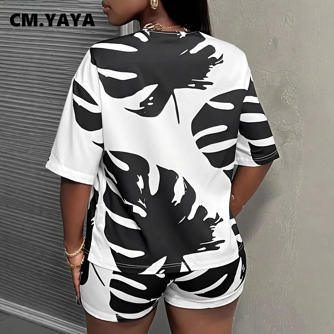 CMYAYA Plus Size Leaf Printed Womens Set Vneck Short Sleeve Tshirt and Shorts 2025 Summer Two 2 Piece Outfit Tracksuit 250516Z
