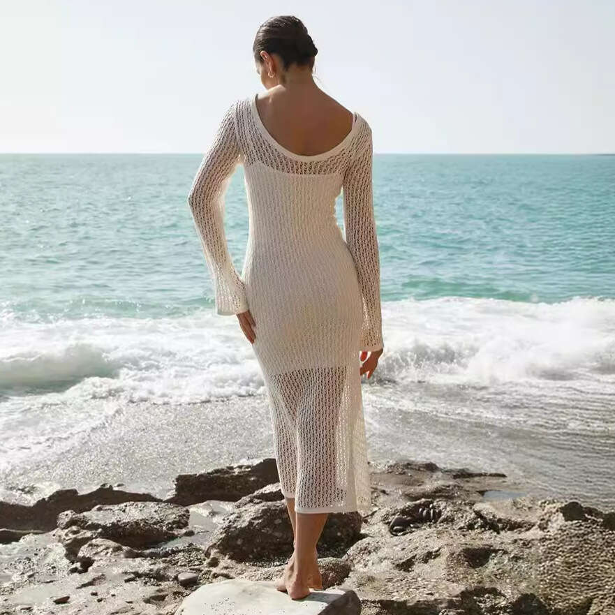 Maxi Dress Summer New Beach Skirt Sexy Hollow Perspective Seaside Sunscreen Bikini Cover Up Knitted Dress Long Dress