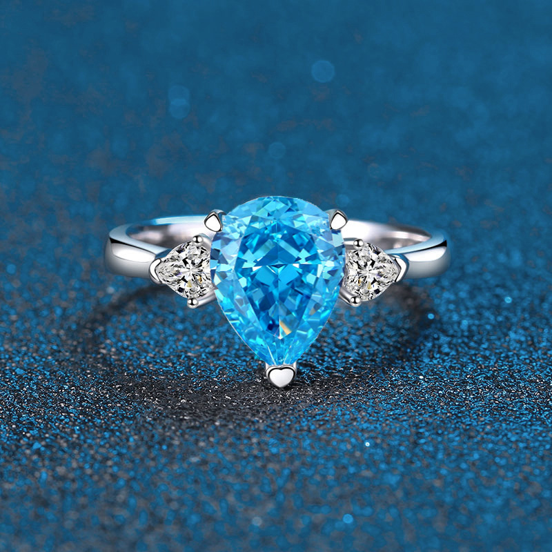 925 Sterling Silver Waterdrop Cut Diamond Ring with Blue, Yellow, Pink, and White Diamonds, Simple and Elegant Luxury Engagement Ring for Women