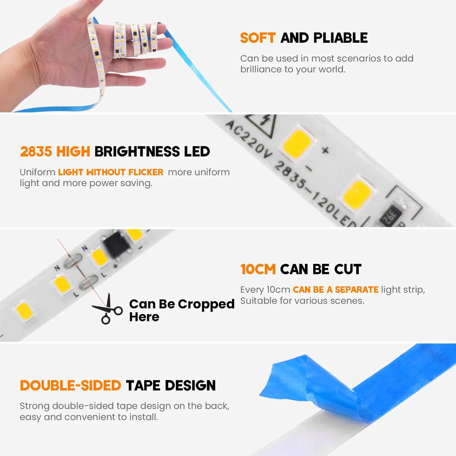 220V 240V LED Strip 5M 10M 20M 50M IP44 2835 120Leds/M Flexible Tape Ribbon 10CM Can Be Cut NO Need Driver Rope Light 9 Colors W250524