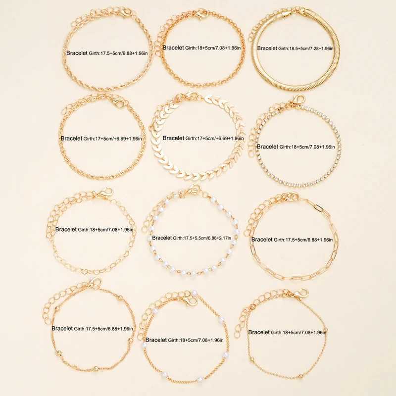 12Pcs Vintage Elegant Gold Color Bracelet Sets Simple Copper Metal Zircon Pearl Chain Bracelet Everyday Party Jewelry Gifts 2024 XJ250524