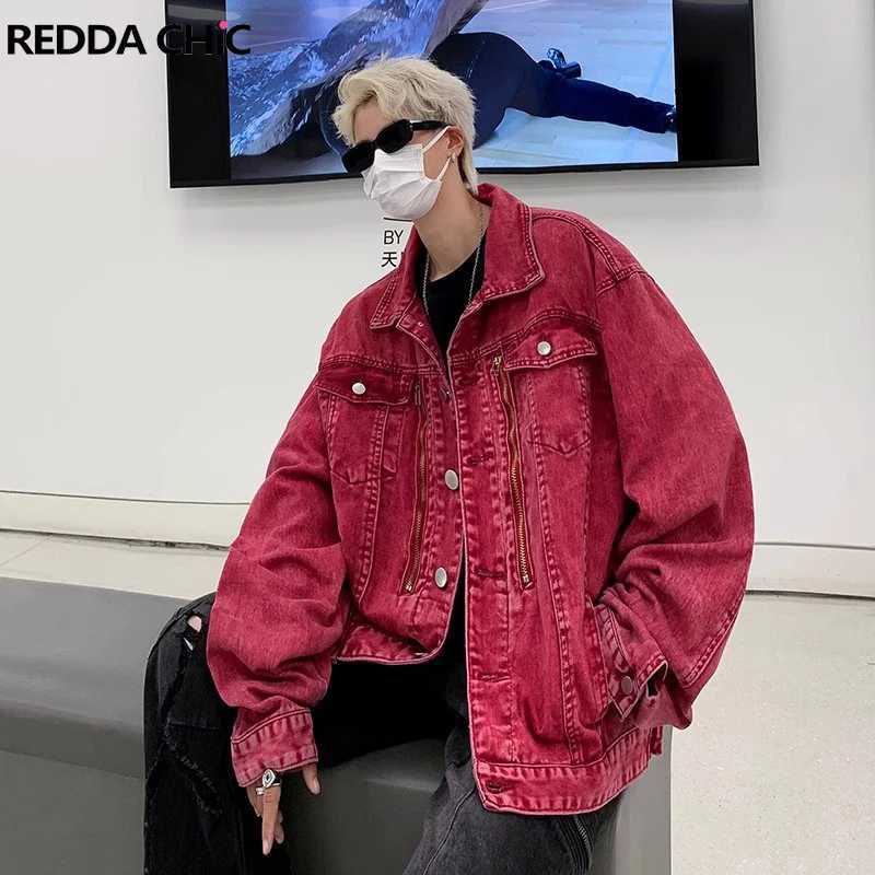 REDDACHIC Distressed Red Denim Jacket for Men Windbreaker Zipper Decor Loose Casual Bomber Coat Autumn Vintage Y2k Streetwear W250524