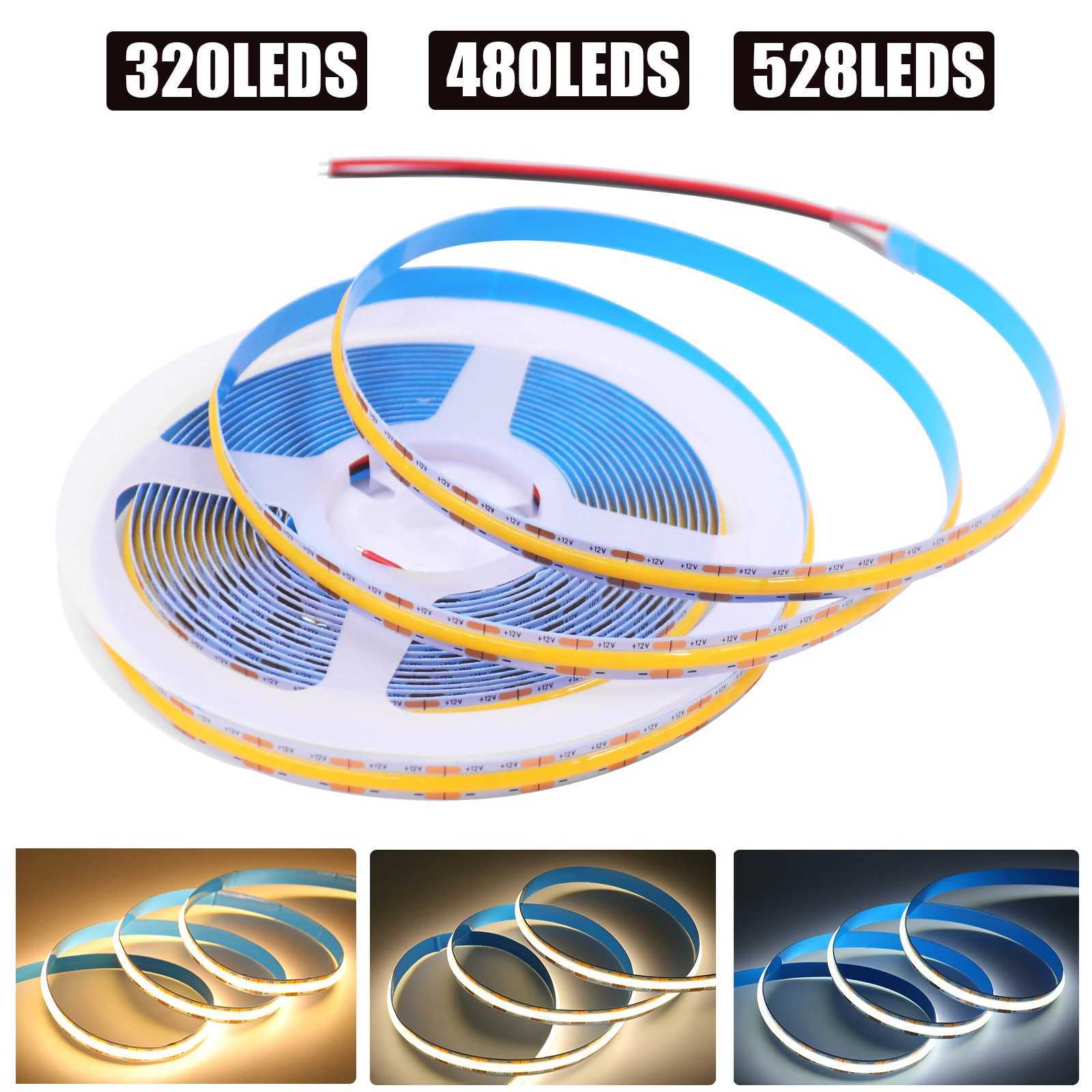 DC 12V 24V COB Strip 480 384 320 528Leds/M High Density RA90 White 3000K 4000K 6000K IP21 Flexible Ribbon Rope LED Light W250524