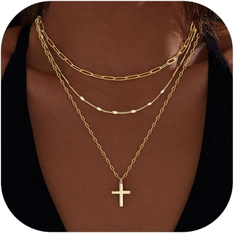 Ladies' layered gold stackable exquisite 14K gold-plated fashionable round paper clip chain pendant necklace, simple cross bow jewelry set, suita