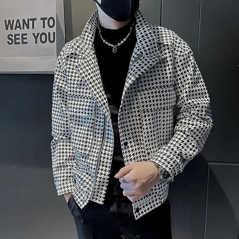 Mens Spring and Autumn Brand Houndstooth New Splicing Stand Collar Button Zipper Pocket Fashion Loose Casual Long Sleeved Jackets W250524