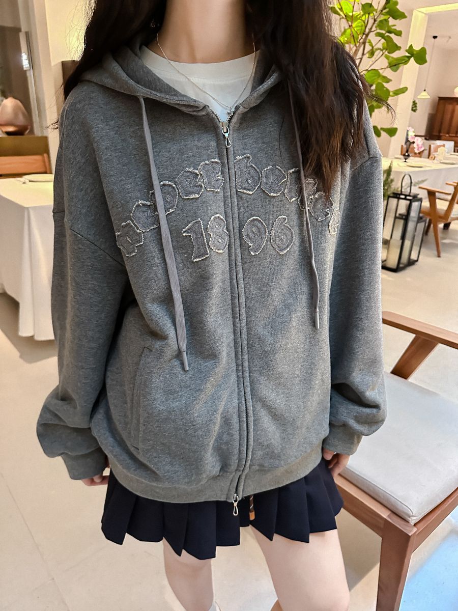La8808 Sports simple letter patch embroidery hooded zipper loose cardigan sweatshirt