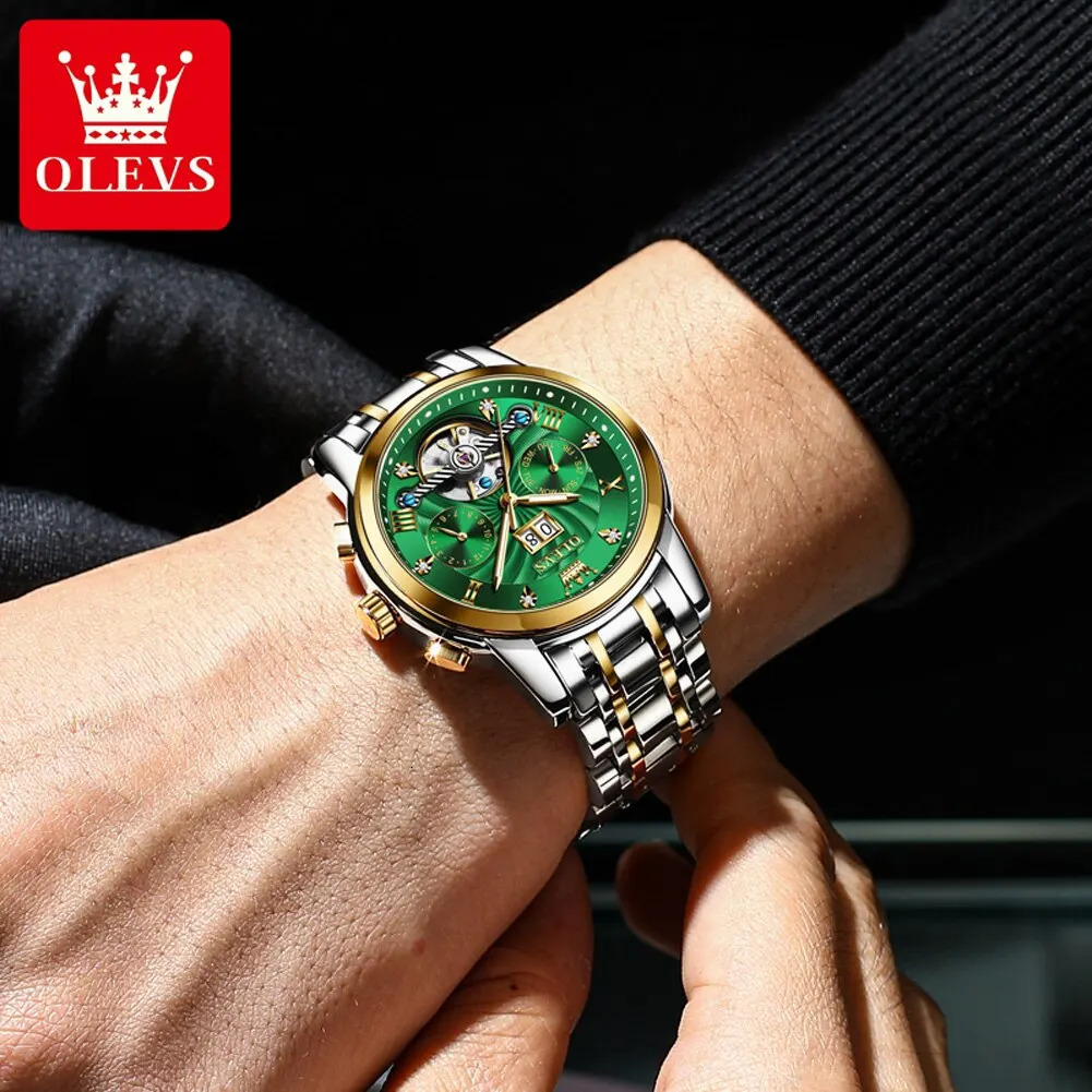 OLEVS Mens Watch Automatic Mechanical Slef-Wind Stainless Steel Strap Waterproof Luminous Date Wrist Watch 250603