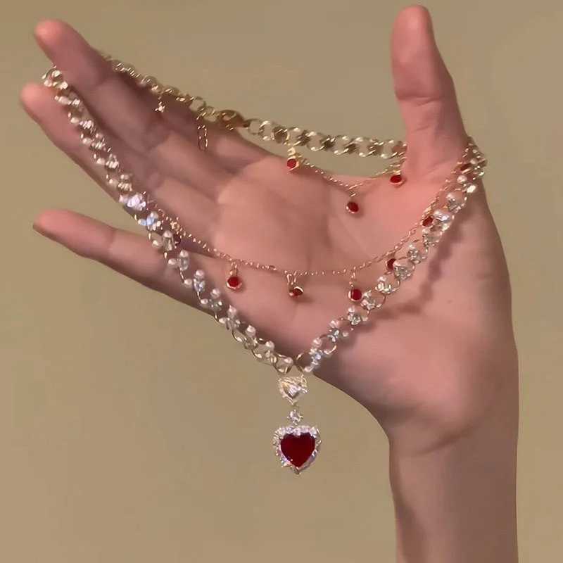 Shining Heart! Red Heart-Shed Zircon Pearl Double-Layer Layered Pendant Ladies Princ Jewelry Necklace XJ250524