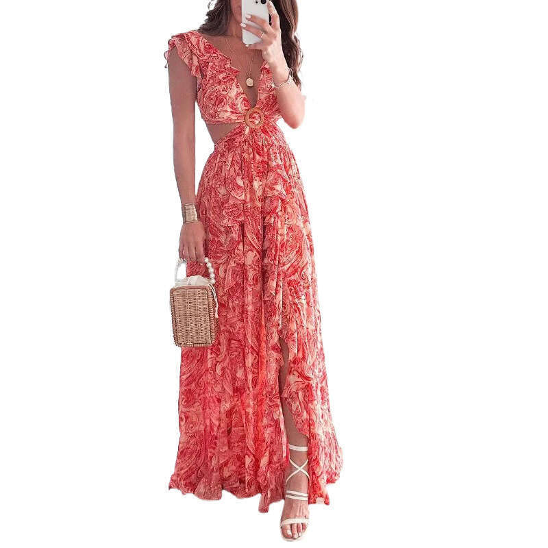 Maxi Dress Women S Spring New Elegant Printed Deep V Sexy Open Waist Hollow Dress Floral Dress